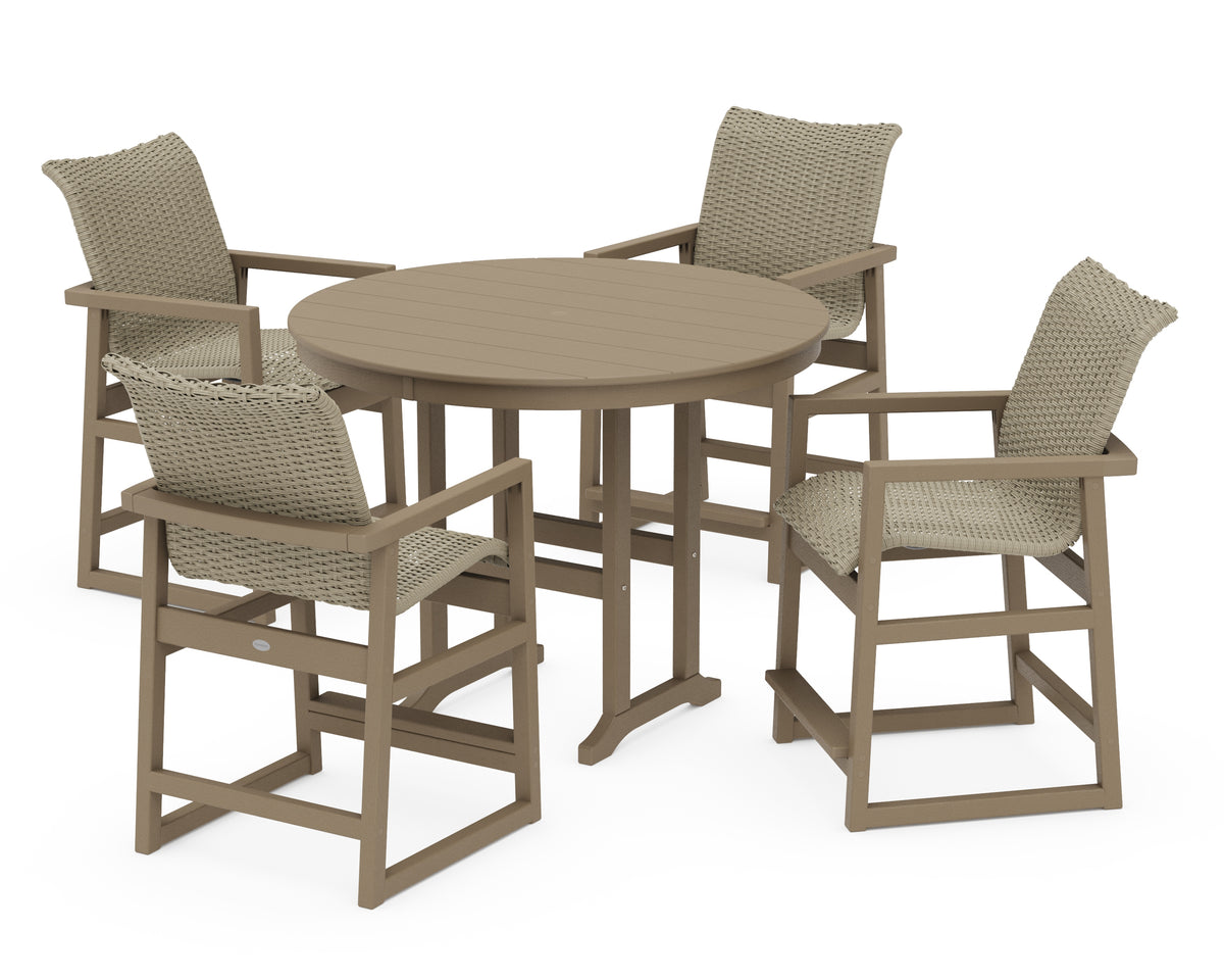 POLYWOOD EDGE Woven 5-Piece Round Farmhouse Counter Set in Vintage Sahara / Dune Grass