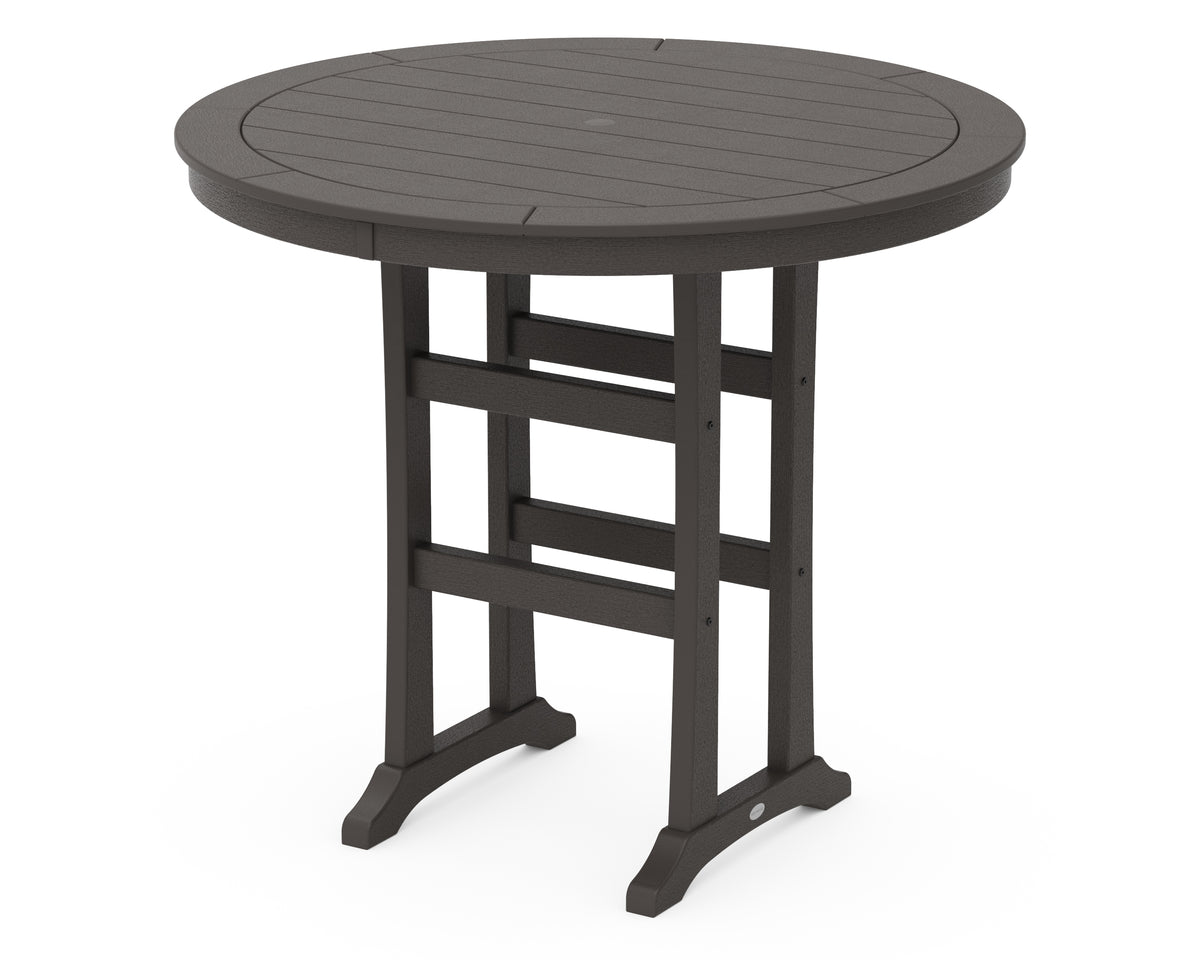 POLYWOOD Nautical Trestle 48" Round Bar Table in Vintage Coffee