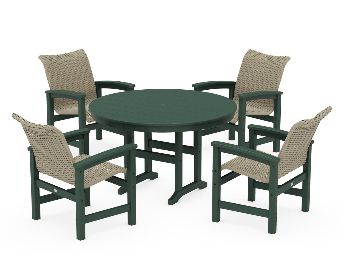 POLYWOOD Coastal Woven 5-Piece Round Farmhouse Dining Set in Green / Dune Grass