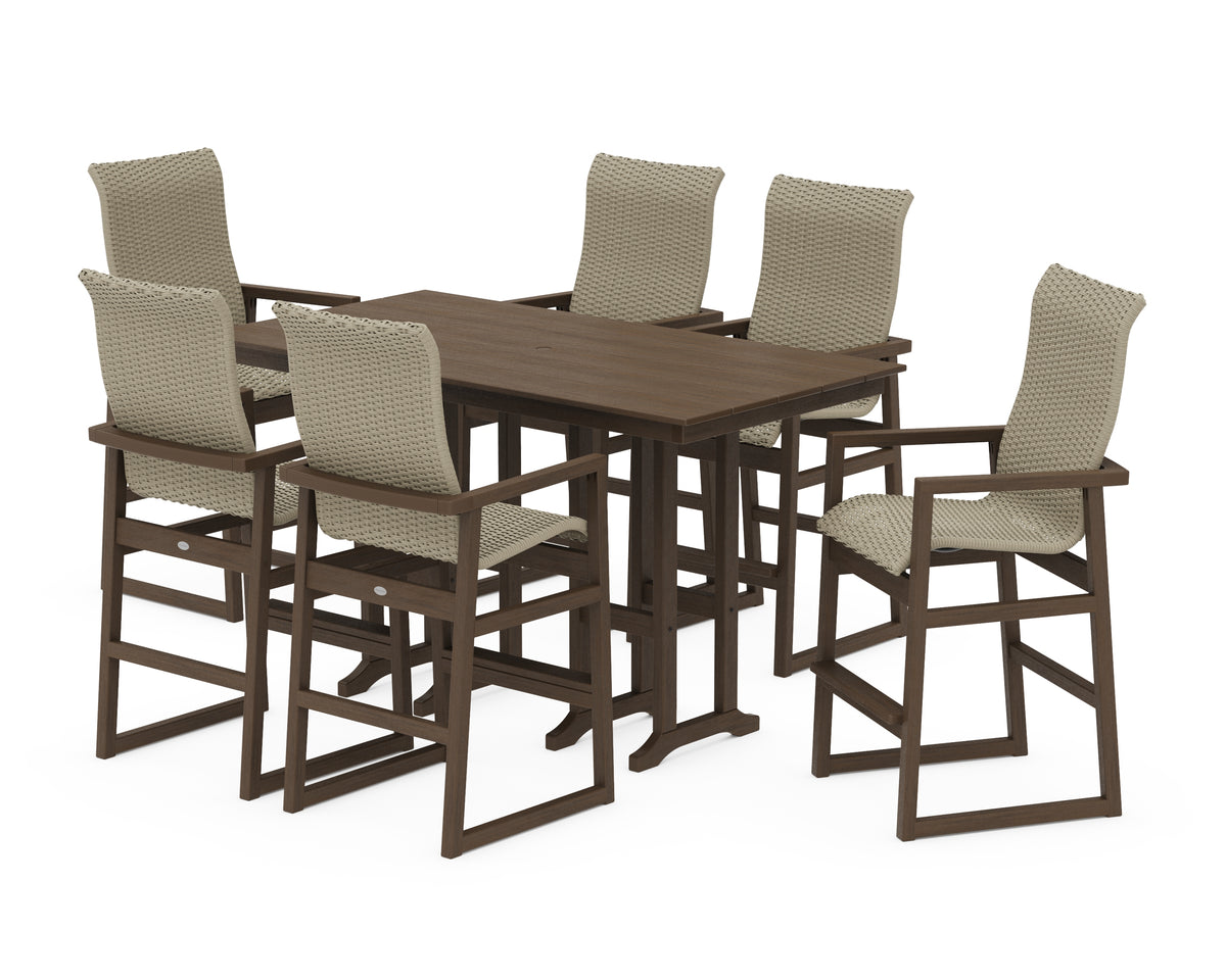 POLYWOOD EDGE Woven Highback Arm Chair 7-Piece Farmhouse Bar Set in Kona / Dune Grass