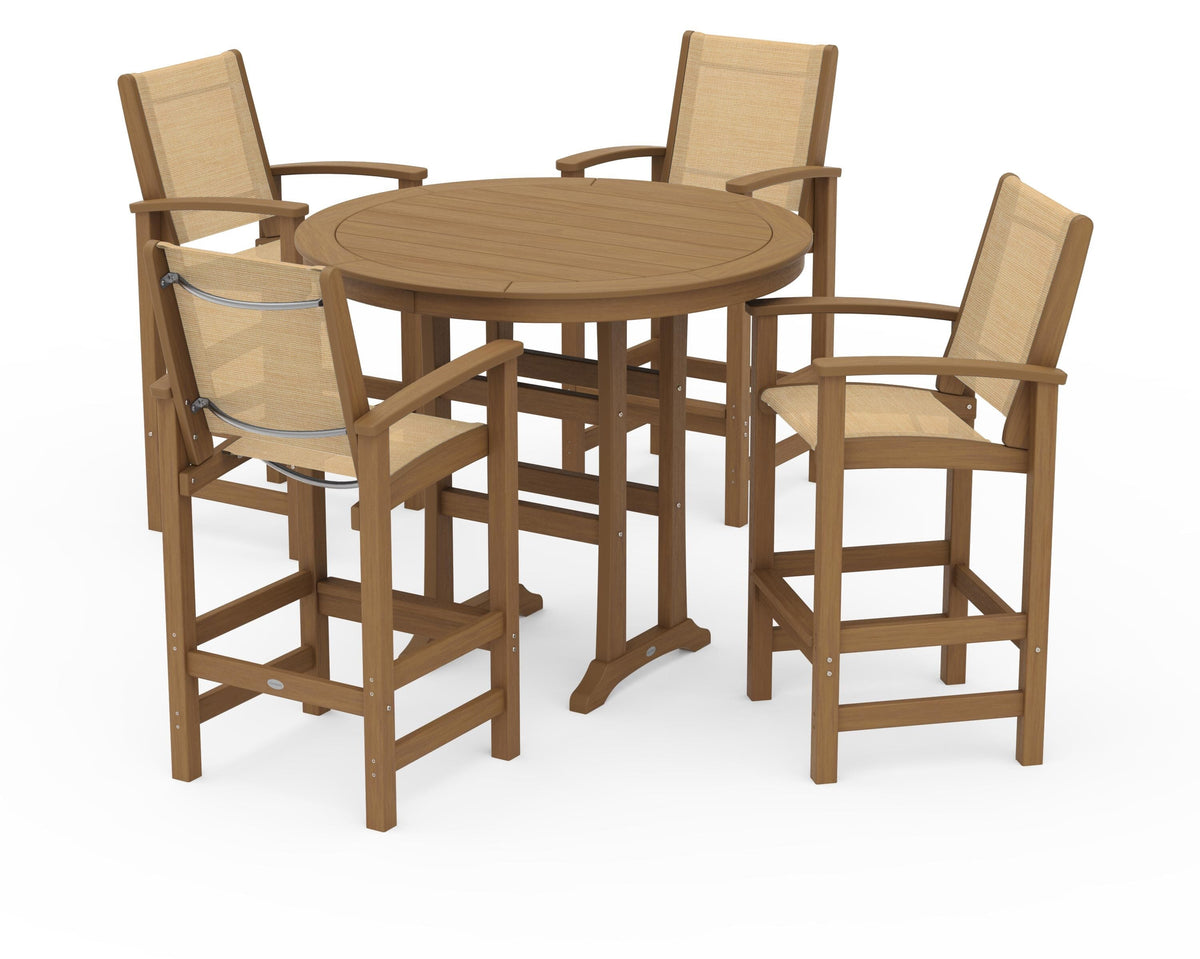 POLYWOOD Coastal 5-Piece Nautical Trestle Bar Set in Natural / Dupioni Apricot