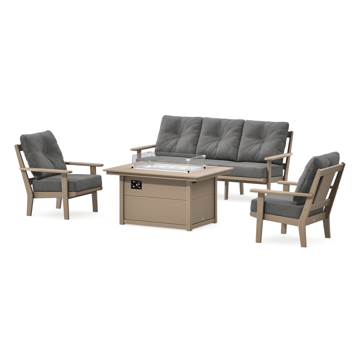 POLYWOOD Prairie Deep Seating Fire Pit Table Set in Vintage Sahara