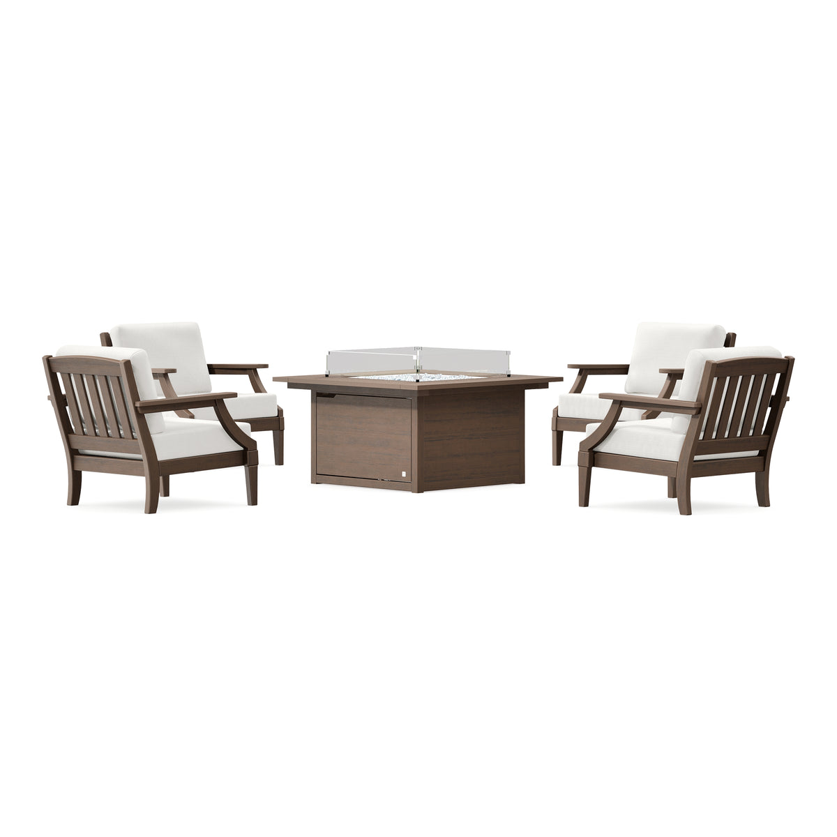 POLYWOOD PW Designer Series Estate 5-Piece Lounge Fire Table Set in Kona / Natural Linen