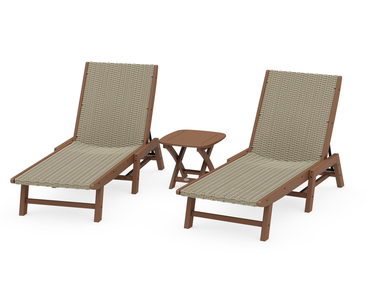POLYWOOD 3-Piece Coastal Woven Chaise Lounge Set in Teak / Dune Grass