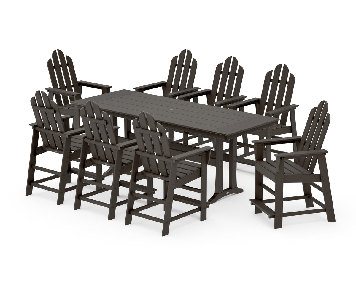 POLYWOOD Long Island 9-Piece Farmhouse Counter Set with Trestle Legs in Vintage Coffee