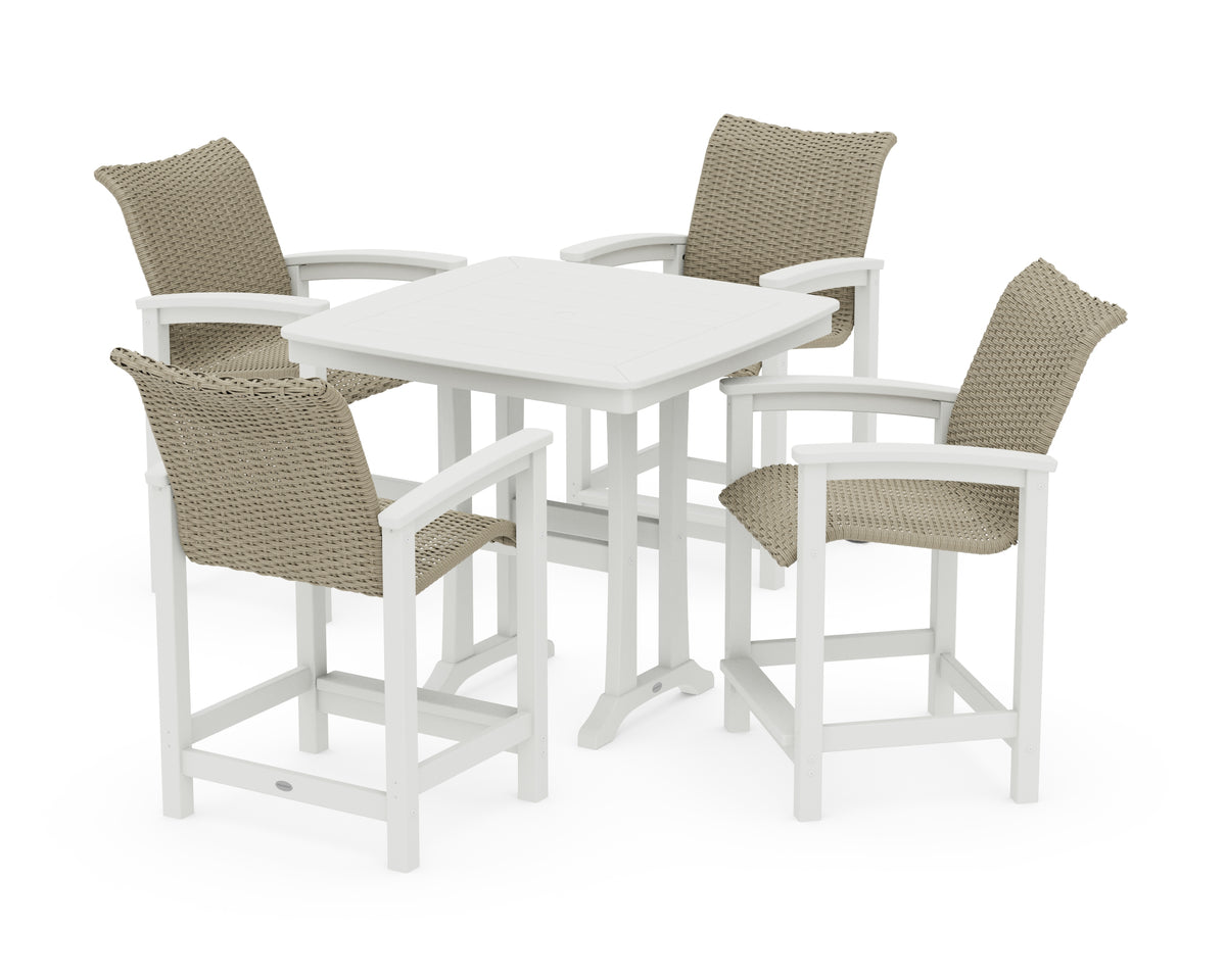 POLYWOOD Coastal Woven 5-Piece Counter Set with Trestle Legs in Vintage White / Dune Grass