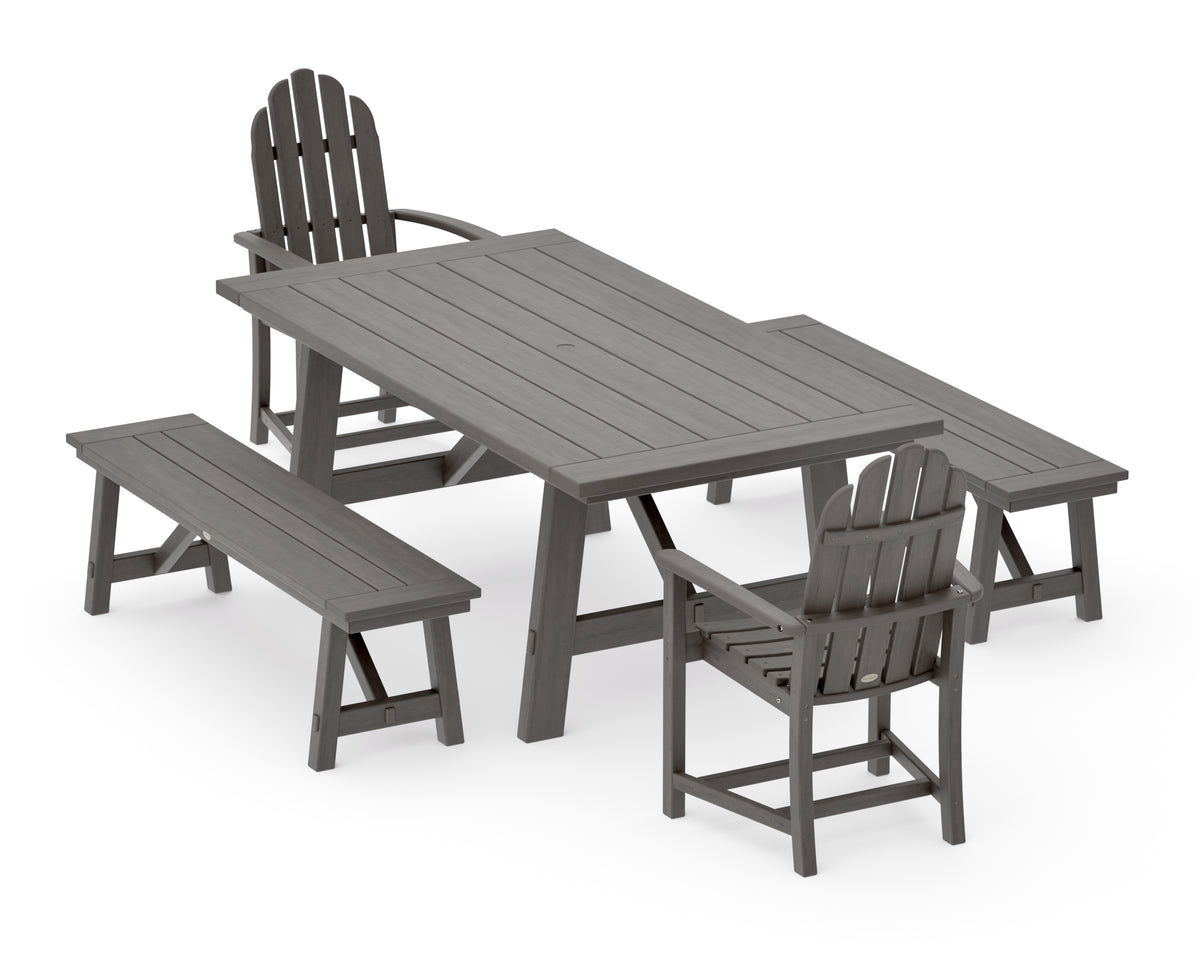 POLYWOOD Classic Adirondack 5-Piece Rustic Farmhouse Dining Set with Benches in Driftwood