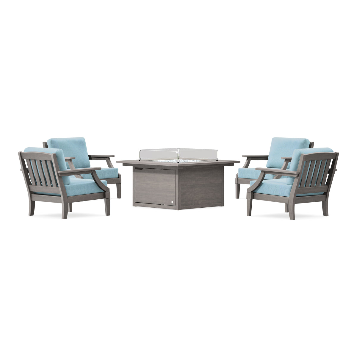 POLYWOOD PW Designer Series Estate 5-Piece Lounge Fire Table Set in Driftwood / Lattice Sky Blue