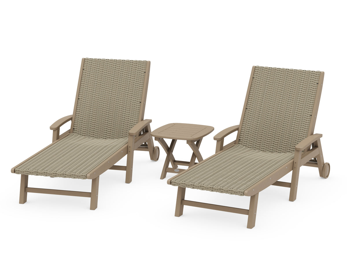 POLYWOOD 3-Piece Coastal Woven Chaise with Arms and Wheels Lounge Set in Vintage Sahara / Dune Grass