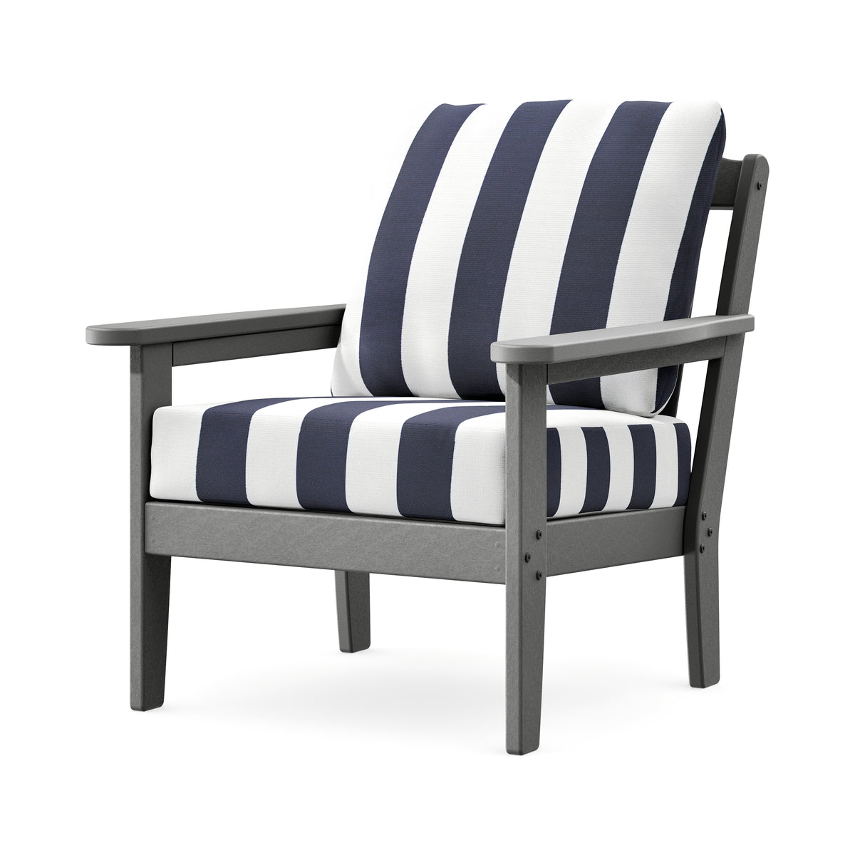 POLYWOOD Cottage Deep Seating Chair in Slate Grey / Cabana Stripe Navy