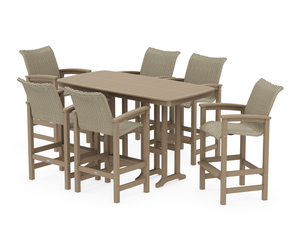 POLYWOOD Coastal Woven Arm Chair 7-Piece Bar Set in Vintage Sahara / Dune Grass