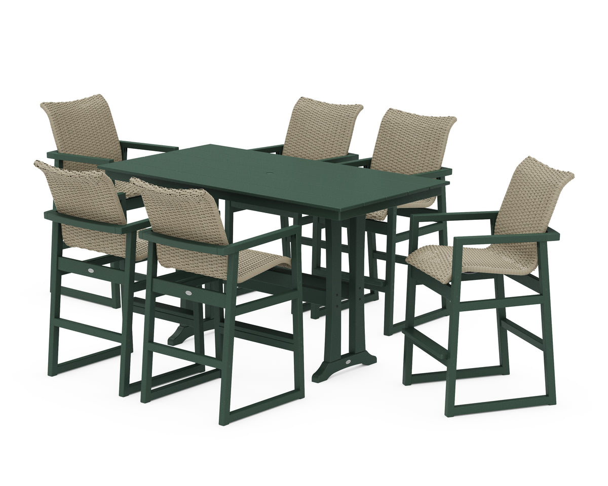 POLYWOOD EDGE Woven Arm Chair 7-Piece Farmhouse Bar Set with Trestle Legs in Green / Dune Grass