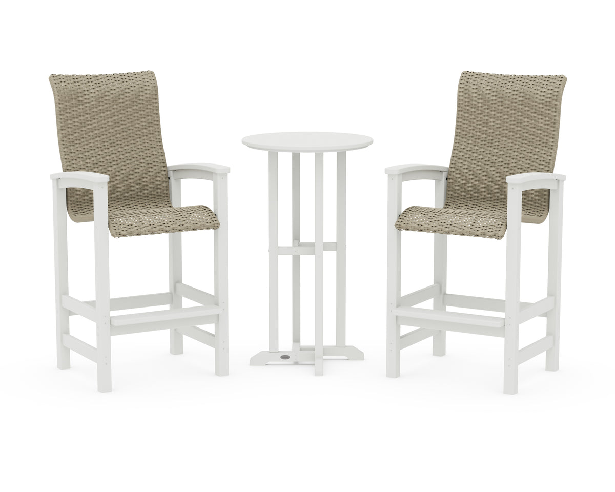 POLYWOOD Coastal Woven High-Back 3-Piece Farmhouse Bar Set in White / Dune Grass