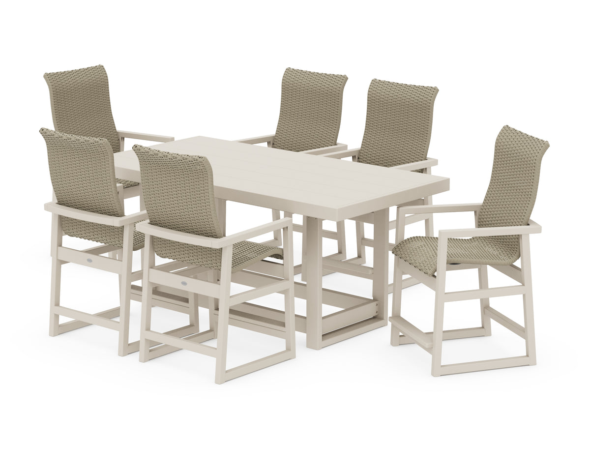 POLYWOOD EDGE Woven Highback Arm Chair 7-Piece Counter Set in Sand / Dune Grass