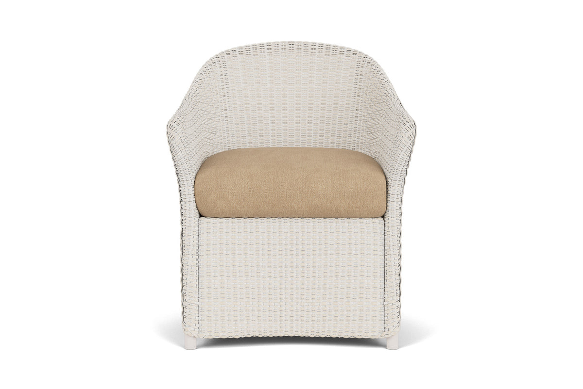 Lloyd Flanders Weekend Retreat Dining Armchair in Antique White with Hayden Sand fabric