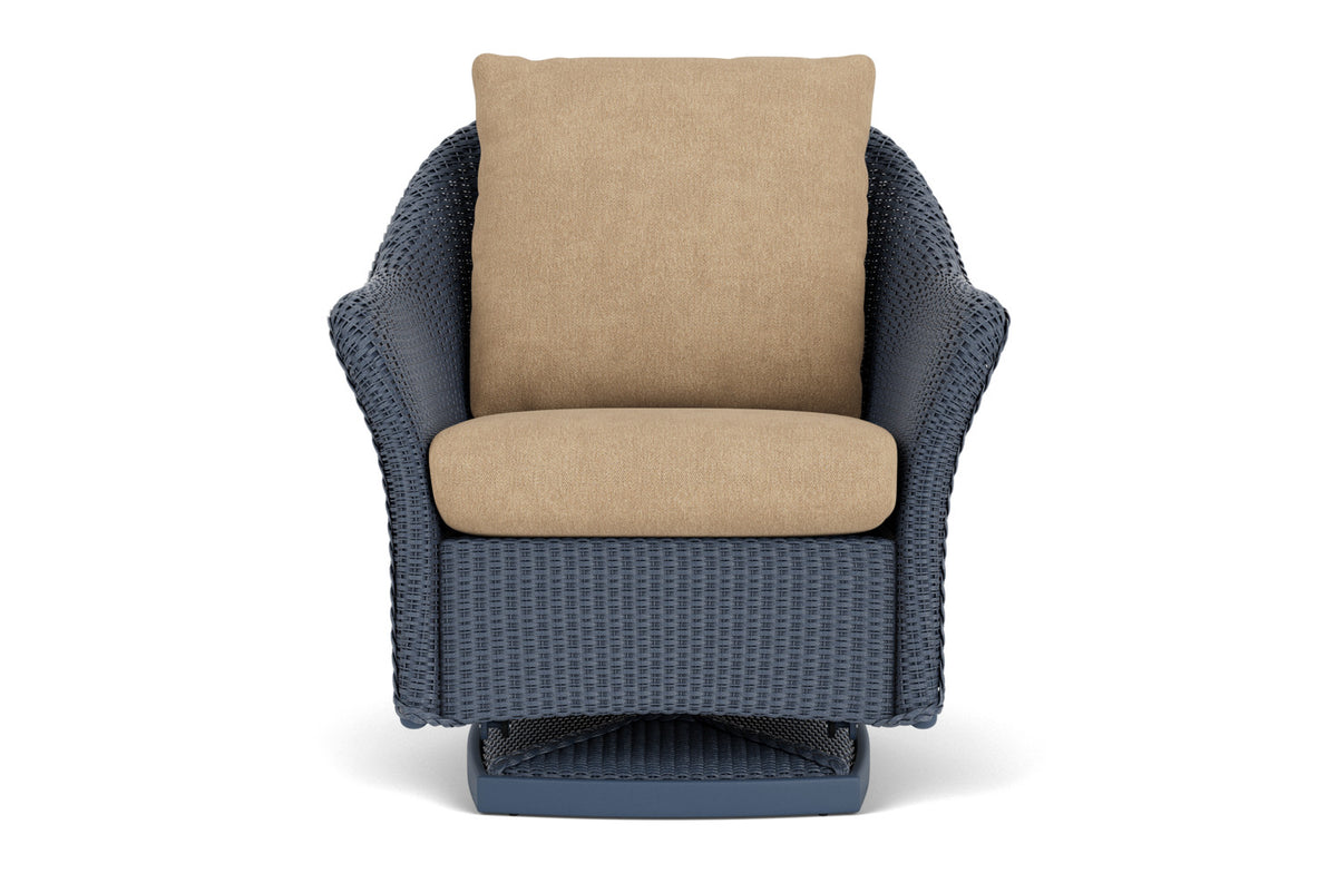 Lloyd Flanders Weekend Retreat Swivel Glider Lounge Chair in Denim Blue with Hayden Sand fabric