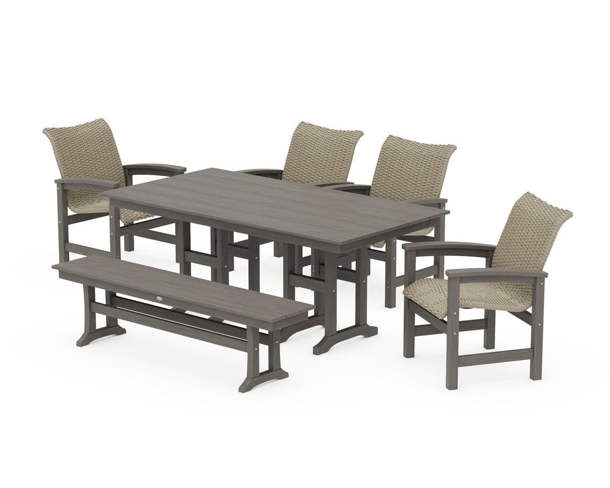 POLYWOOD Coastal Woven 6-Piece Farmhouse Dining Set with Bench with Farmhouse 37" x 72" Dining Table in Driftwood / Dune Grass