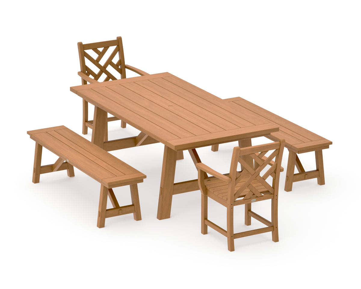 POLYWOOD Chippendale 5-Piece Rustic Farmhouse Dining Set with Benches in Natural