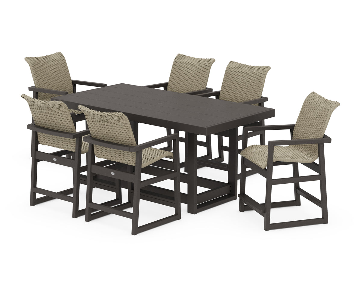 POLYWOOD EDGE Woven Arm Chair 7-Piece Counter Set in Vintage Coffee / Dune Grass