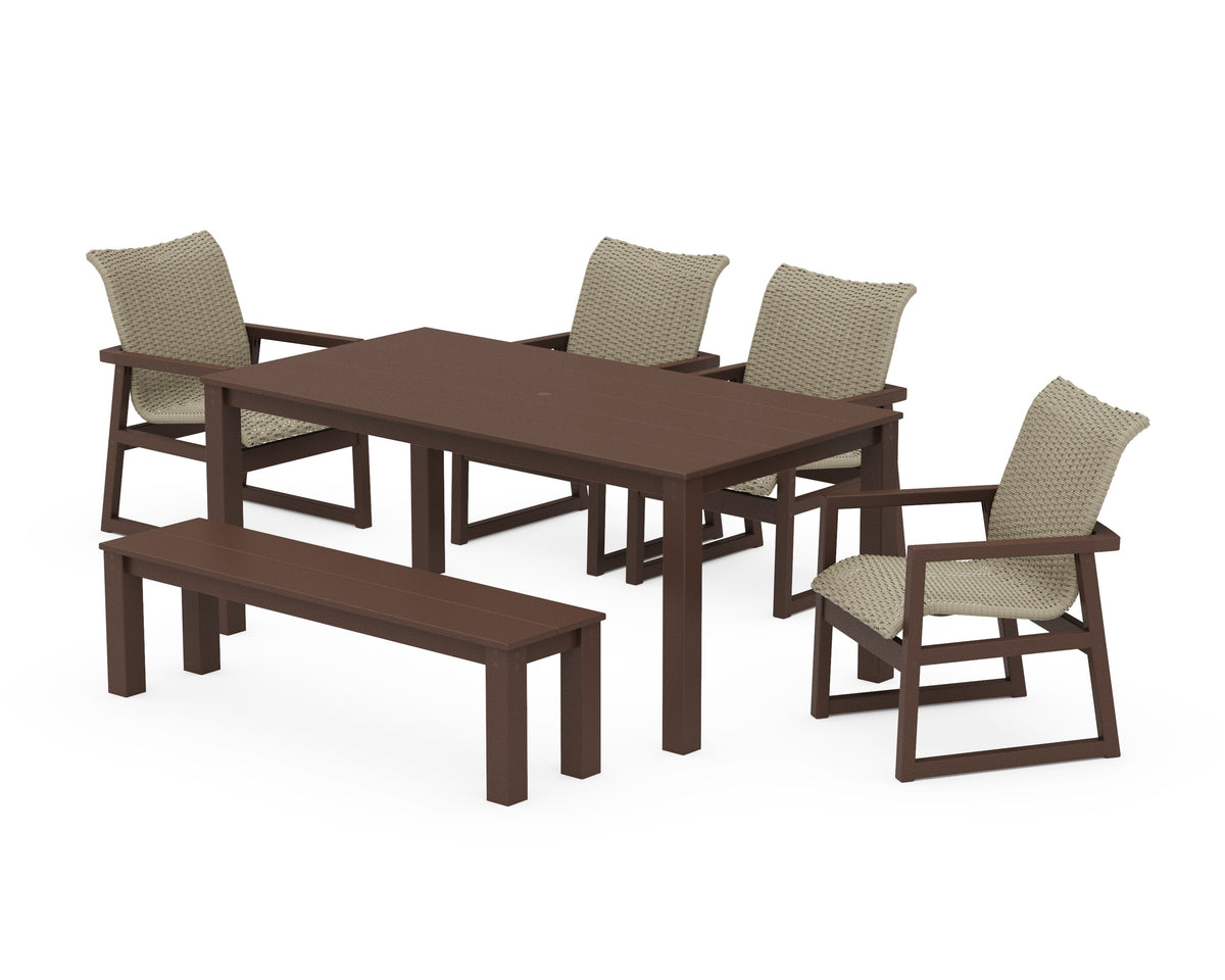 POLYWOOD EDGE Woven 6-Piece Parsons Dining Set with Bench in Mahogany / Dune Grass
