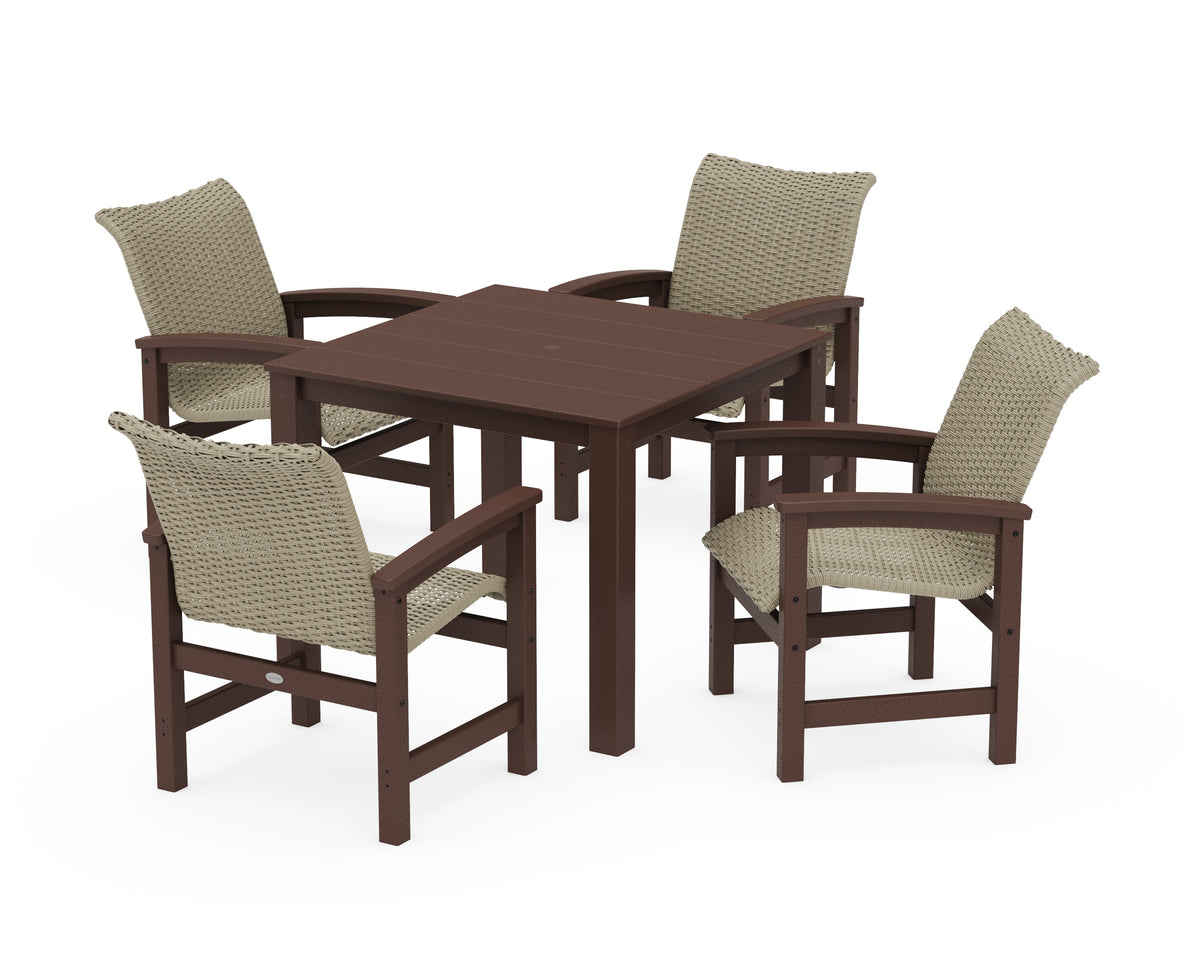 POLYWOOD Coastal Woven 5-Piece Parsons Dining Set in Mahogany / Dune Grass
