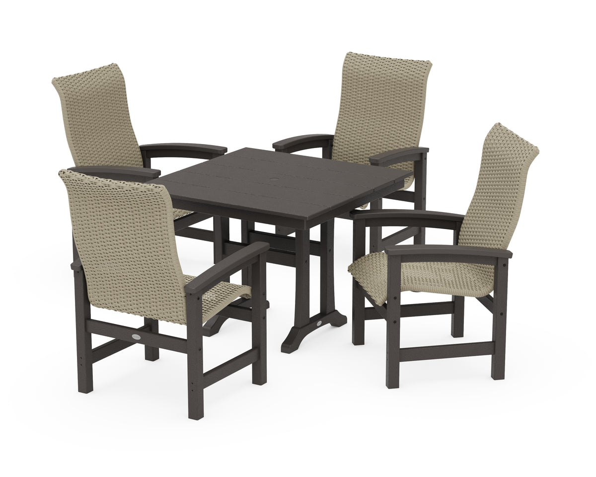 POLYWOOD Coastal Woven High-Back 5-Piece Farmhouse Dining Set with Trestle Legs in Vintage Coffee / Dune Grass