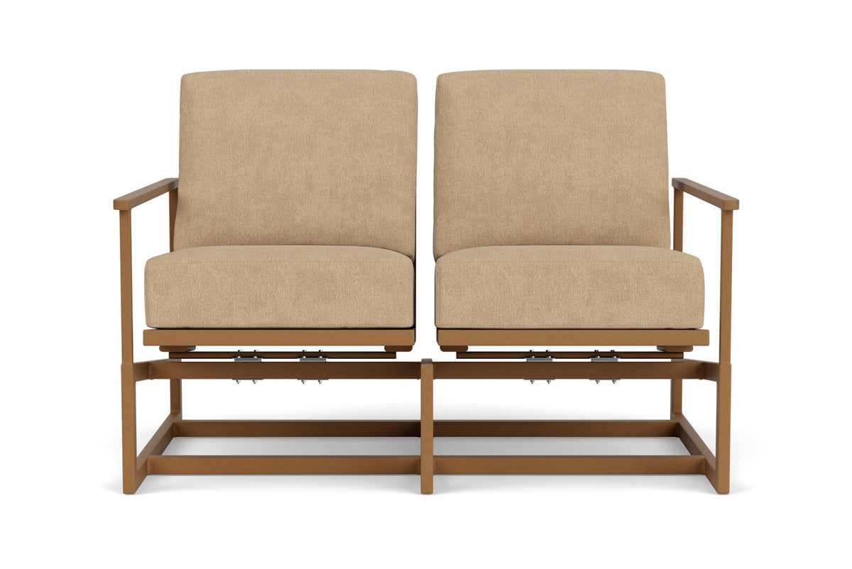 Lloyd Flanders Summit Spring Rocker Loveseat in Hickory with Hayden Sand fabric