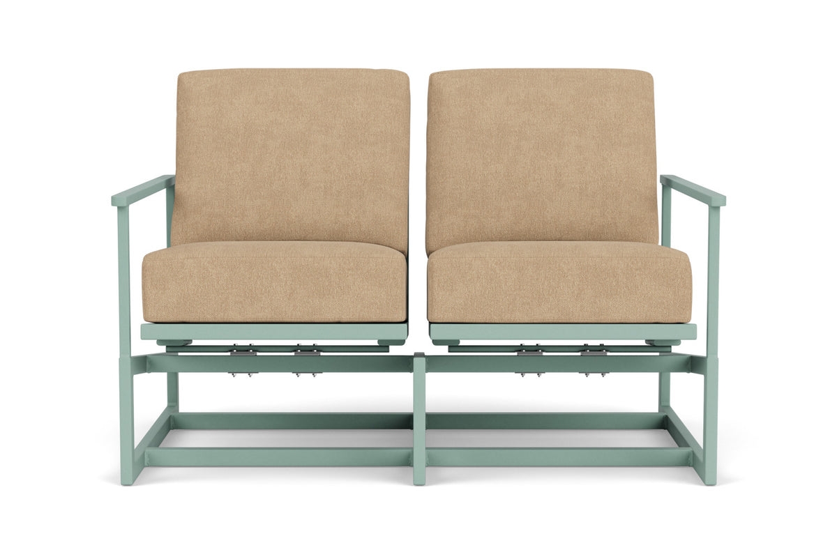 Lloyd Flanders Summit Spring Rocker Loveseat in Sea Glass with Hayden Sand fabric