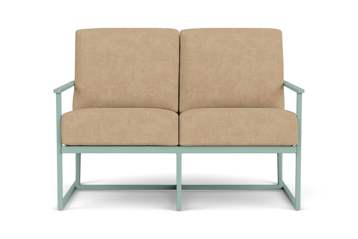 Lloyd Flanders Summit Loveseat in Sea Glass with Hayden Sand fabric