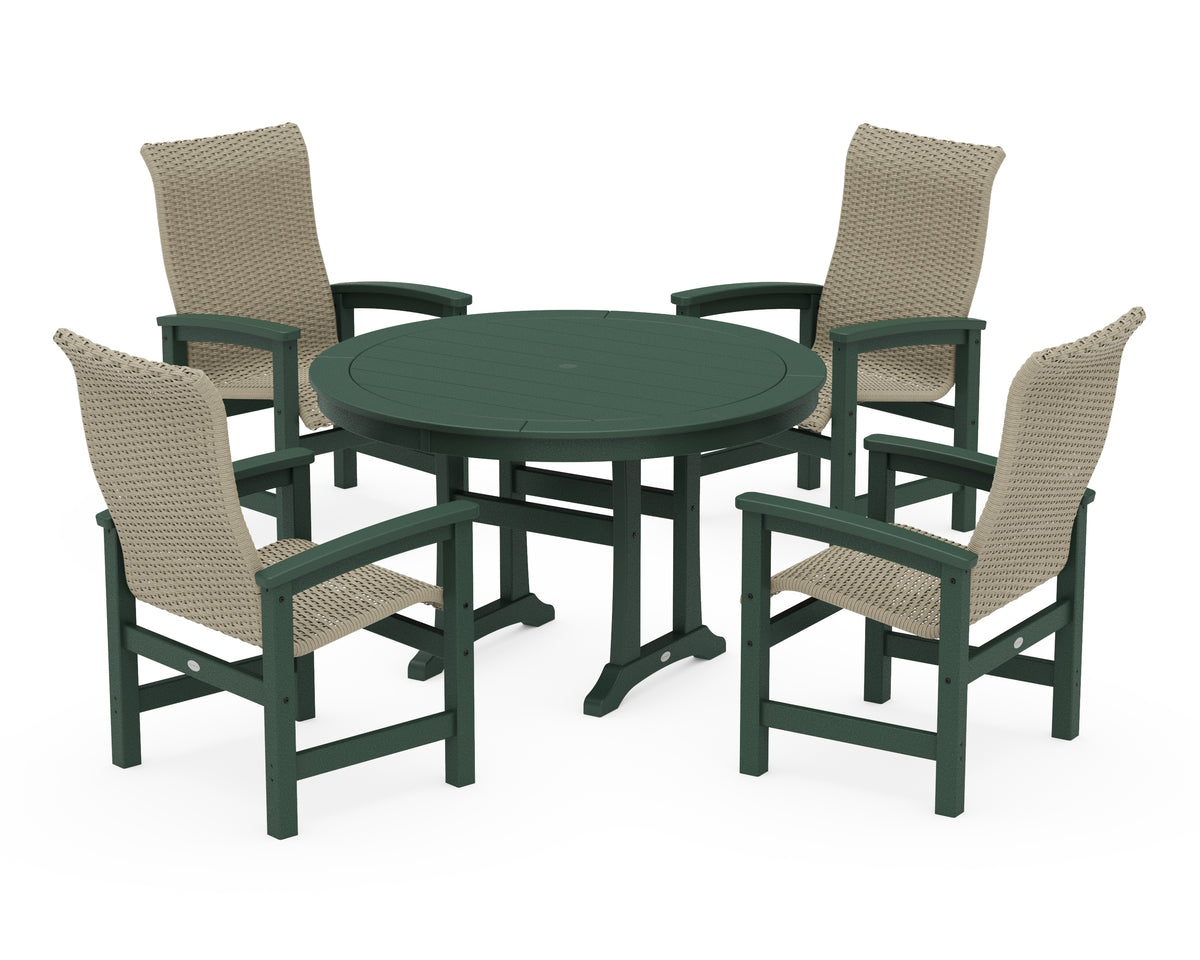 POLYWOOD Coastal Woven High-Back 5-Piece Round Dining Set with Trestle Legs in Green / Dune Grass