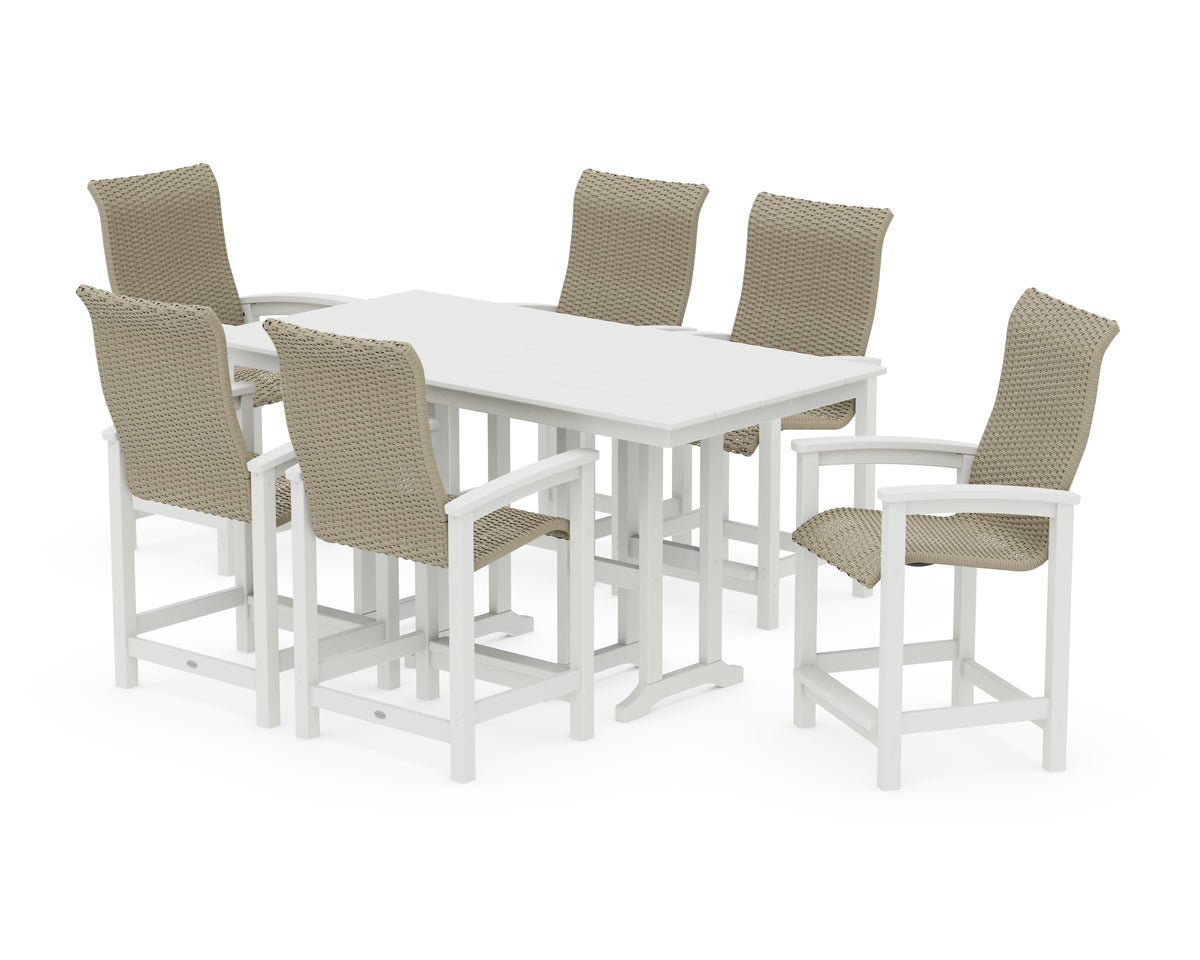 POLYWOOD Coastal Woven High-Back Arm Chair 7-Piece Farmhouse Counter Set in Vintage White / Dune Grass