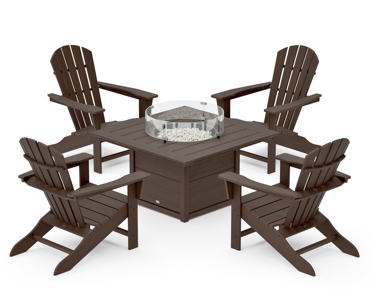 POLYWOOD Palm Coast 5-Piece Adirondack Chair Conversation Set with Fire Pit Table in Kona