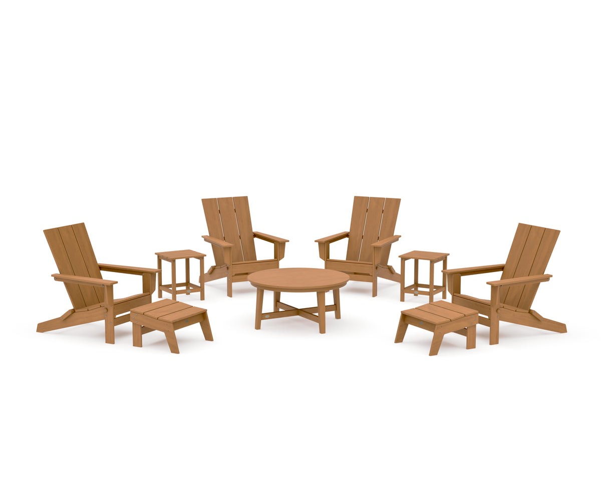 POLYWOOD Modern Studio Folding Adirondack 9-Piece Conversation Set in Natural
