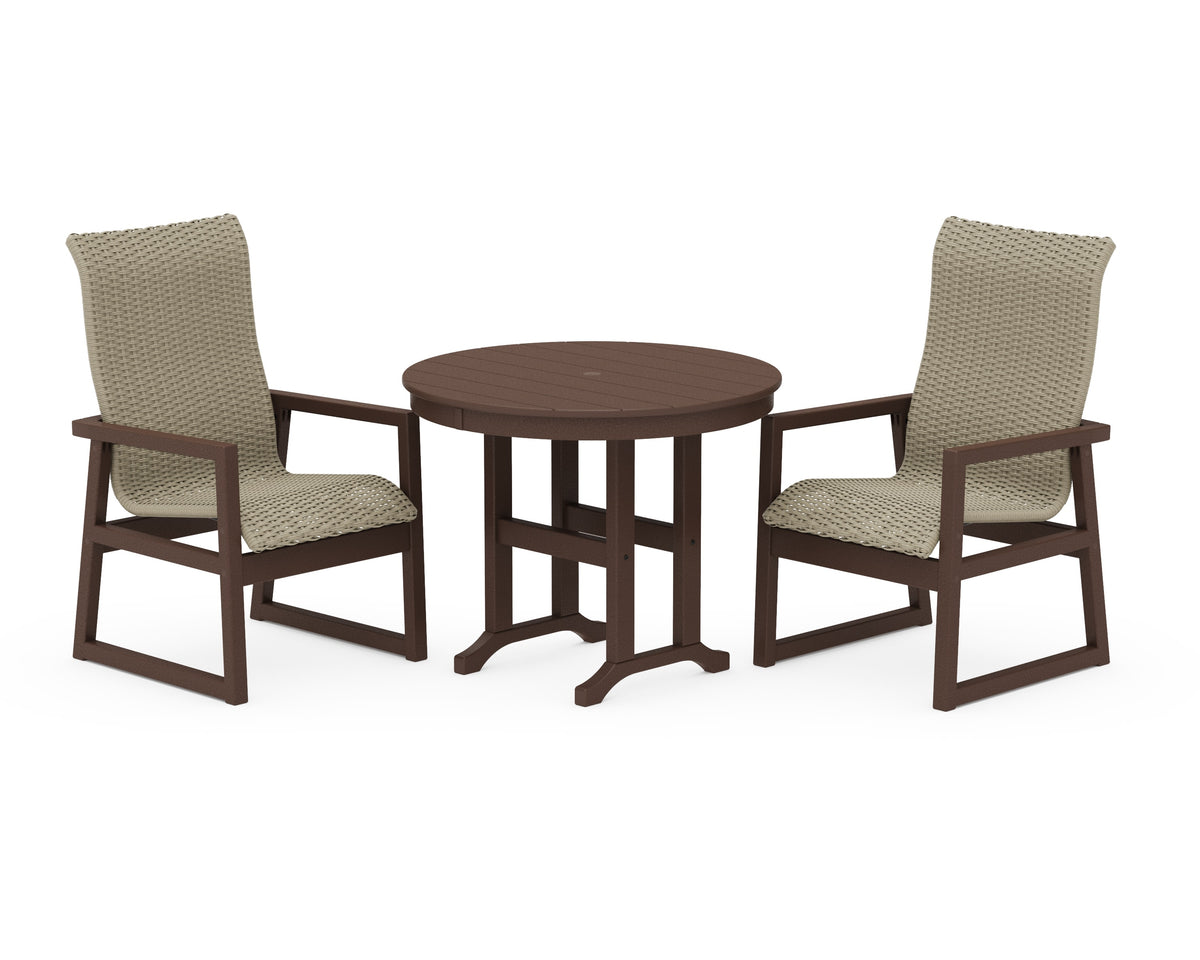 POLYWOOD EDGE Woven High-Back 3-Piece Farmhouse Dining Set in Mahogany / Dune Grass