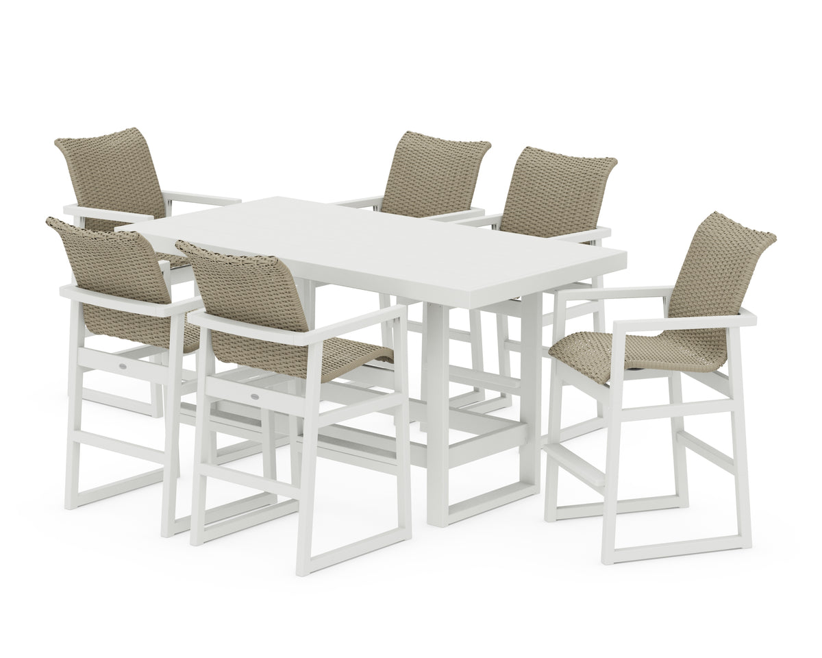 POLYWOOD EDGE Woven Arm Chair 7-Piece Bar Set in Vintage White / Dune Grass