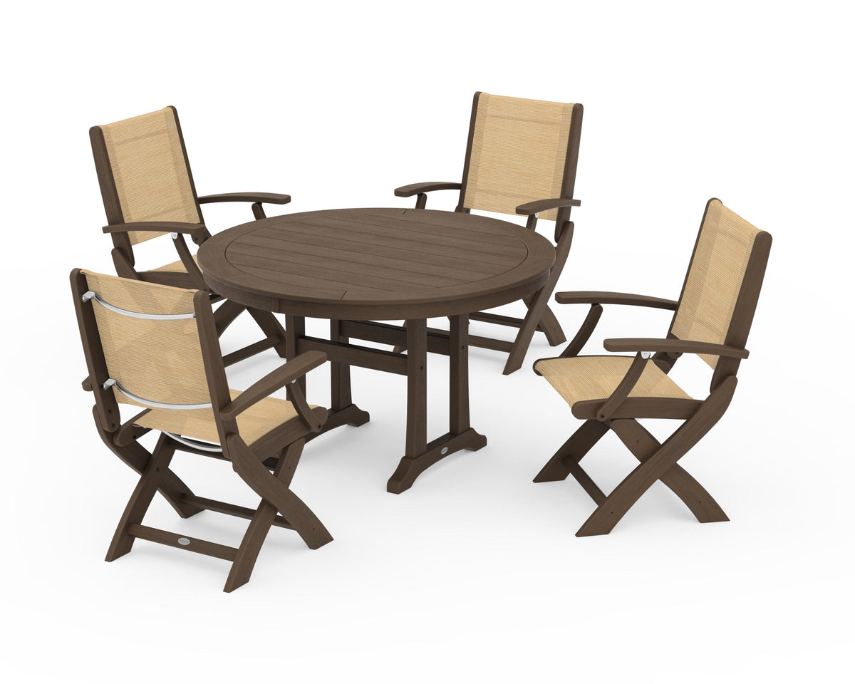 POLYWOOD Coastal Folding Chair 5-Piece Round Dining Set with Trestle Legs in Kona / Dupioni Apricot