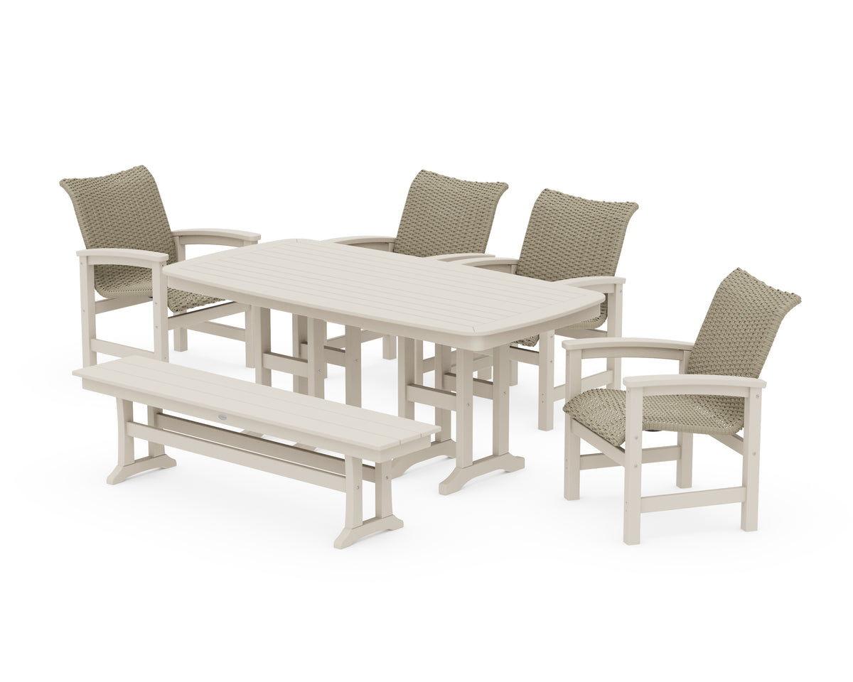 POLYWOOD Coastal Woven 6-Piece Farmhouse Dining Set with Bench with Nautical 37" x 72" Dining Table in Sand / Dune Grass