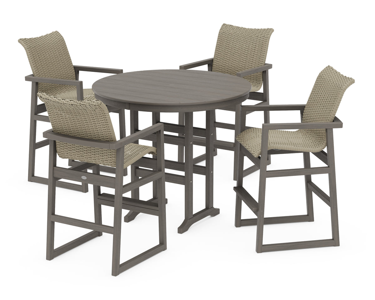 POLYWOOD EDGE Woven 5-Piece Round Farmhouse Bar Set in Driftwood / Dune Grass