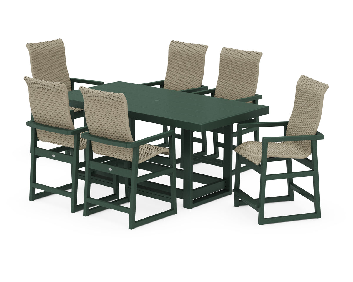 POLYWOOD EDGE Woven Highback Arm Chair 7-Piece Counter Set in Green / Dune Grass