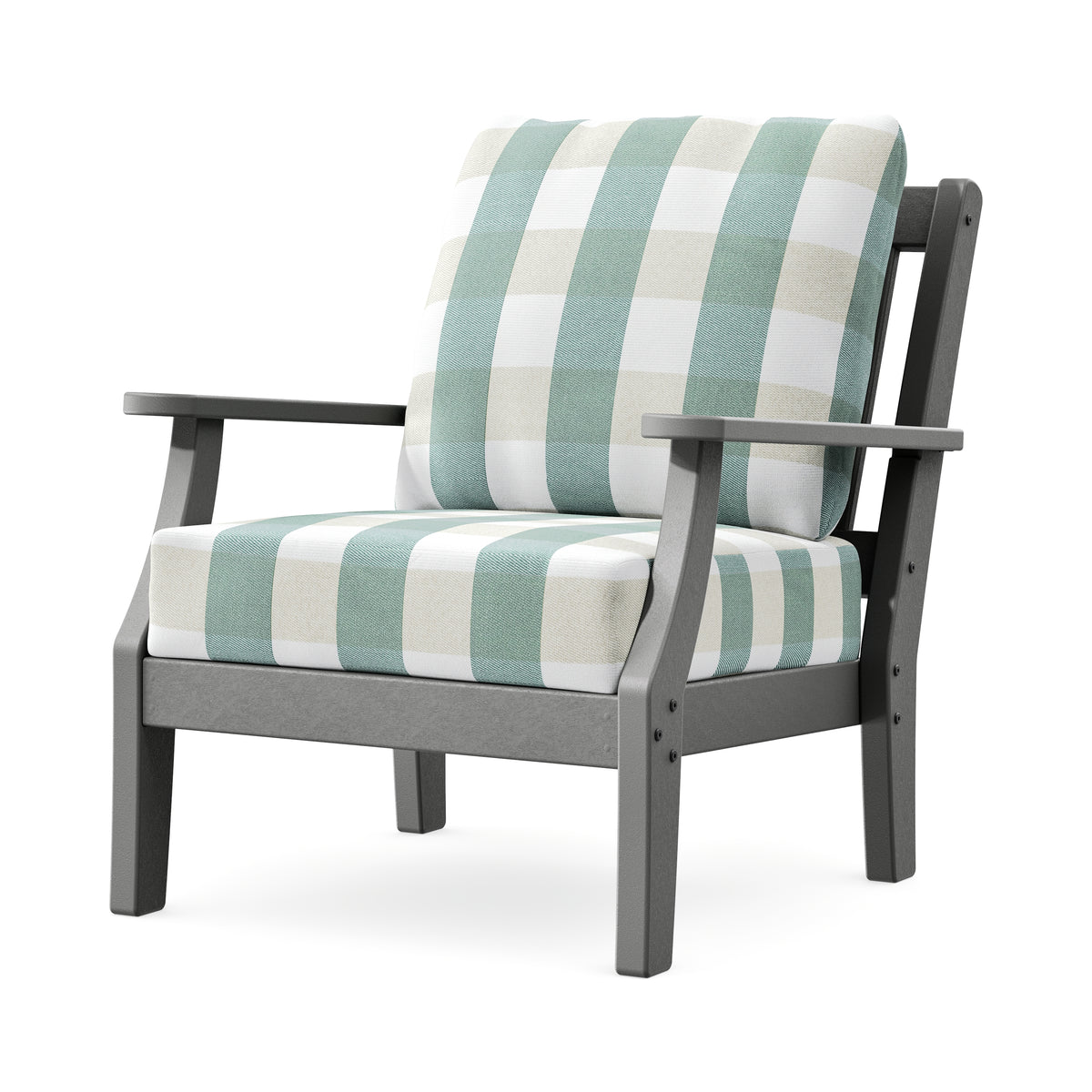 POLYWOOD Chinoiserie Deep Seating Chair in Slate Grey / Buffalo Plaid Glacier Spa