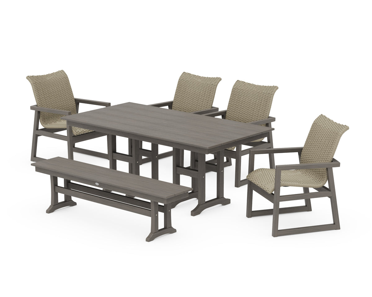POLYWOOD EDGE Woven 6-Piece Farmhouse Dining Set with Bench in Driftwood / Dune Grass