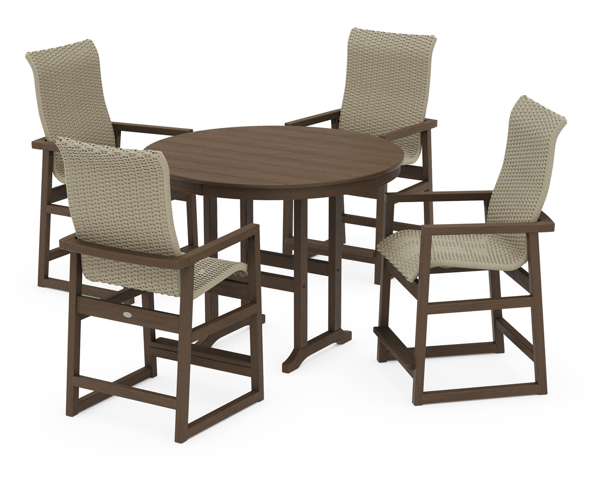 POLYWOOD EDGE Woven Highback 5-Piece Round Farmhouse Counter Set in Kona / Dune Grass