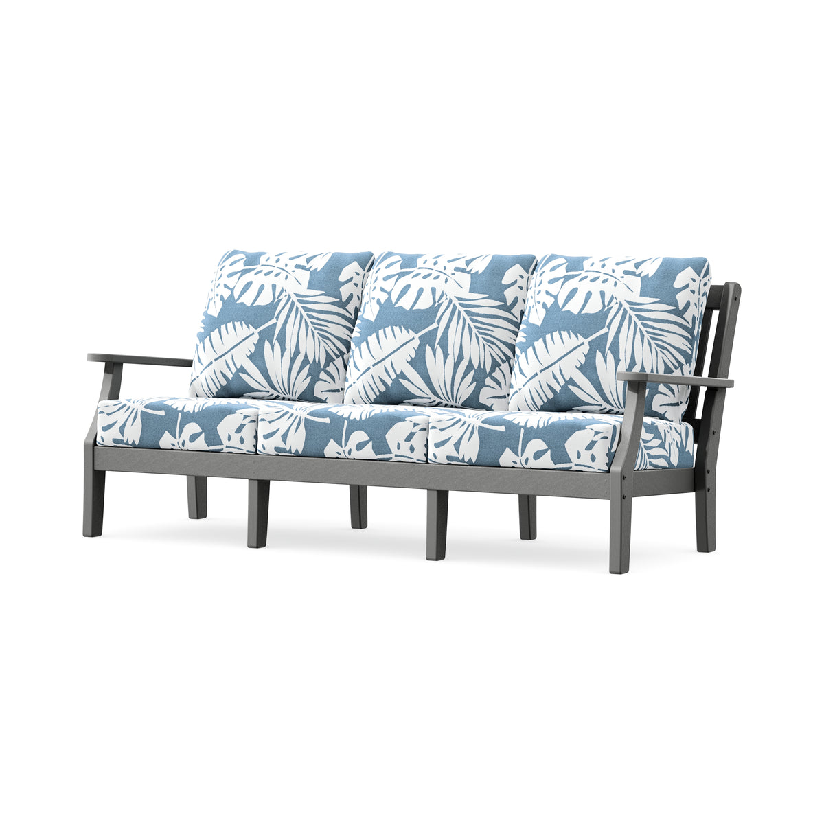 POLYWOOD Chinoiserie Deep Seating Sofa in Slate Grey / Leaf Sky Blue