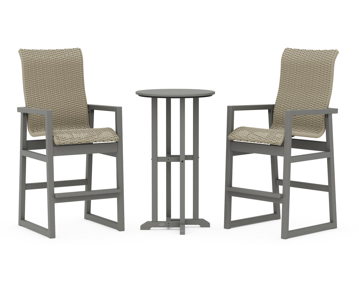 POLYWOOD EDGE Woven Highback 3-Piece Farmhouse Bar Set in Slate Grey / Dune Grass