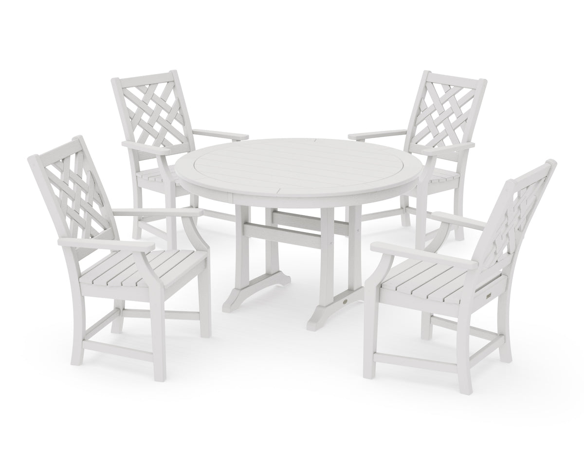POLYWOOD Wovendale 5-Piece Round Dining Set with Trestle Legs in Vintage White