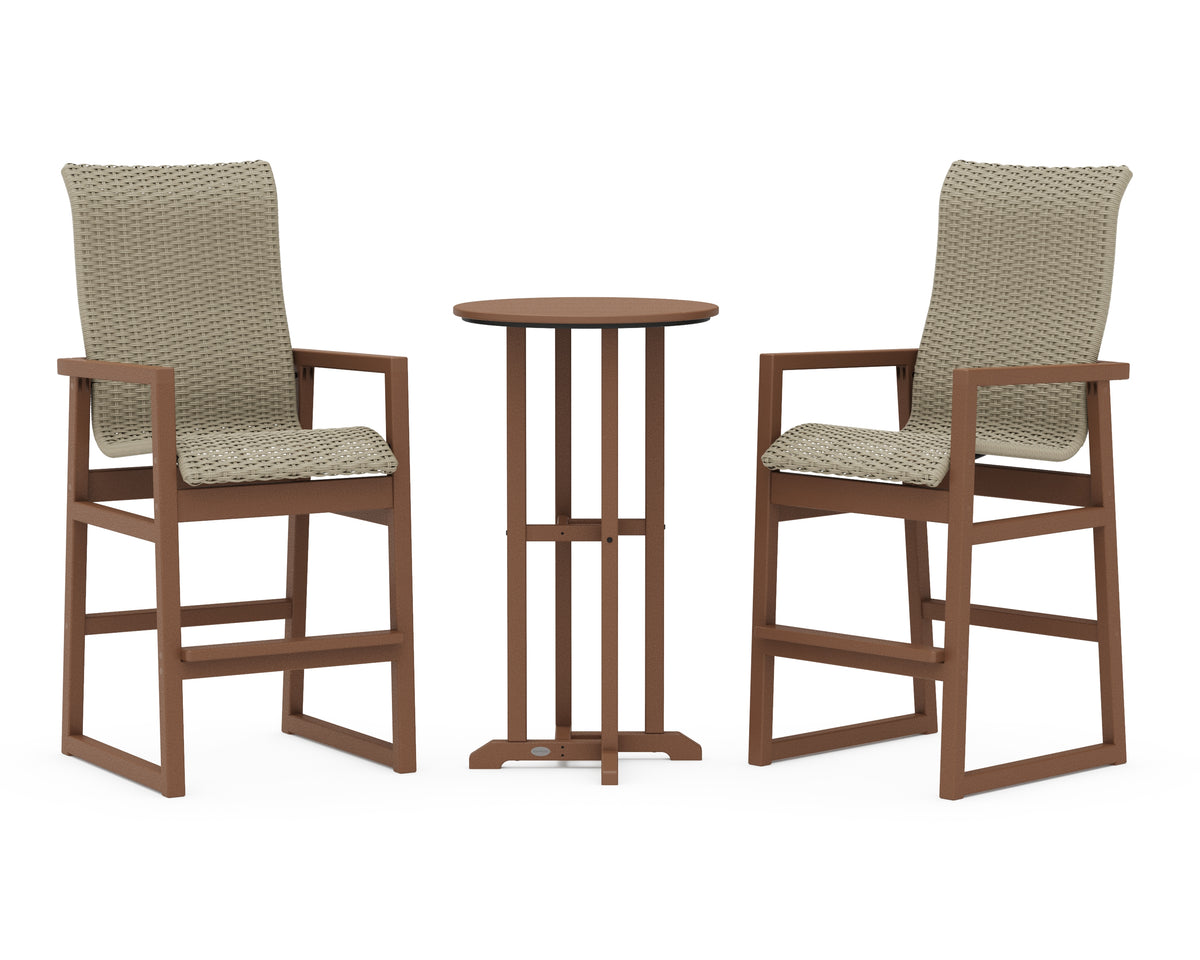 POLYWOOD EDGE Woven Highback 3-Piece Farmhouse Bar Set in Teak / Dune Grass