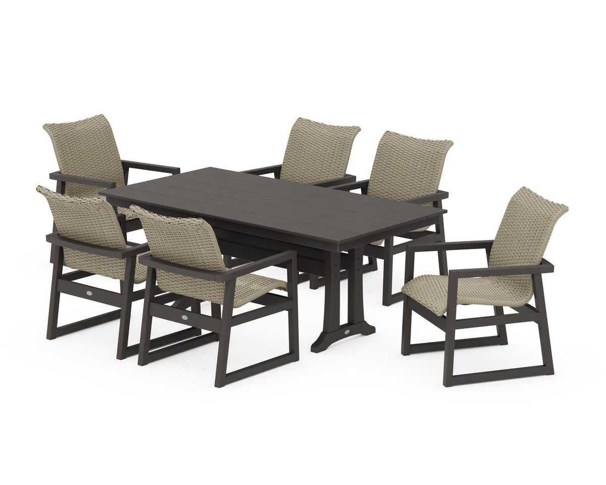 POLYWOOD EDGE Woven Arm Chair 7-Piece Farmhouse Dining Set with Trestle Legs in Vintage Coffee / Dune Grass