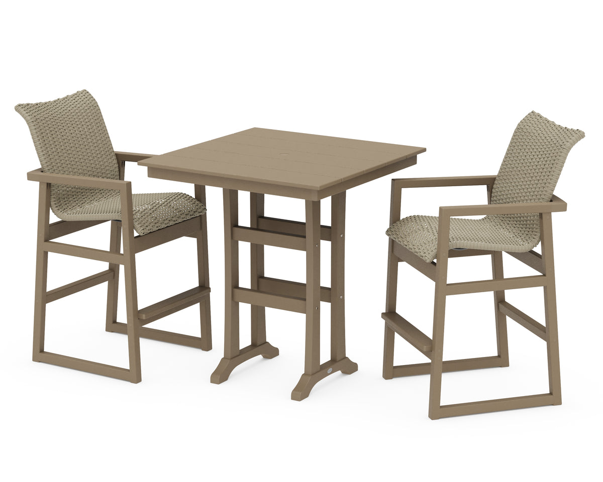 POLYWOOD EDGE Woven 3-Piece Farmhouse Bar Set with Trestle Legs in Vintage Sahara / Dune Grass
