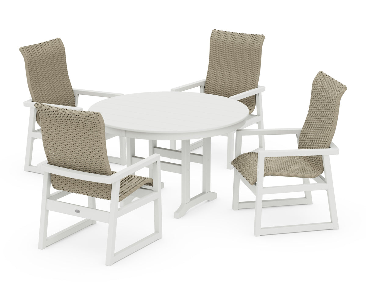 POLYWOOD EDGE Woven High-Back 5-Piece Round Farmhouse Dining Set in White / Dune Grass