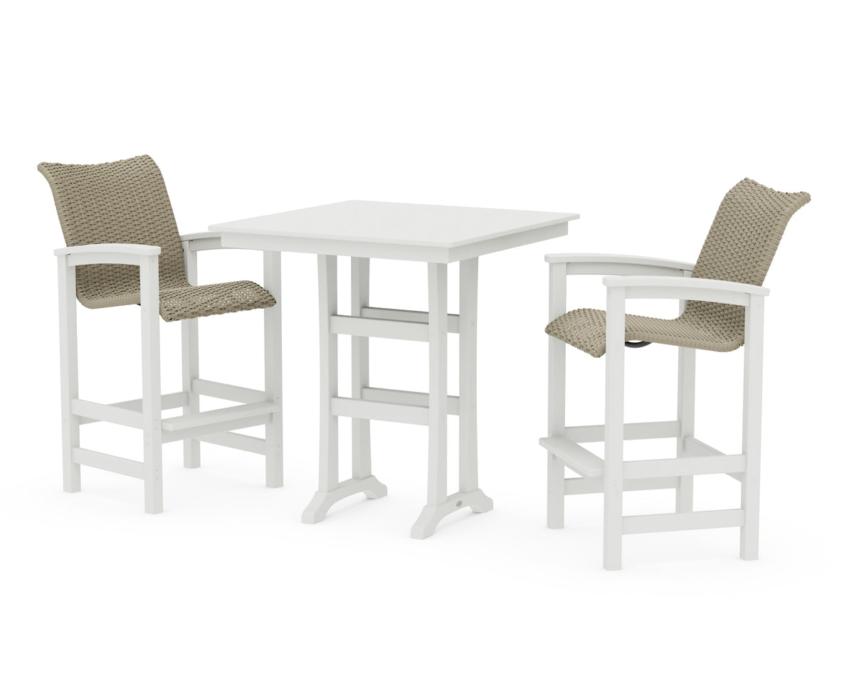 POLYWOOD Coastal Woven 3-Piece Farmhouse Bar Set with Trestle Legs in White / Dune Grass
